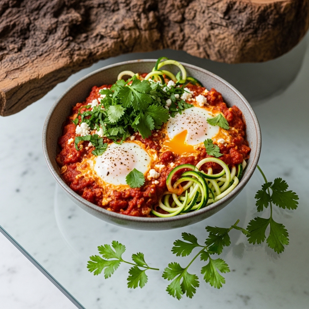 “Paleo Israeli Shakshuka with Zucchini Noodles and Fresh Herbs”