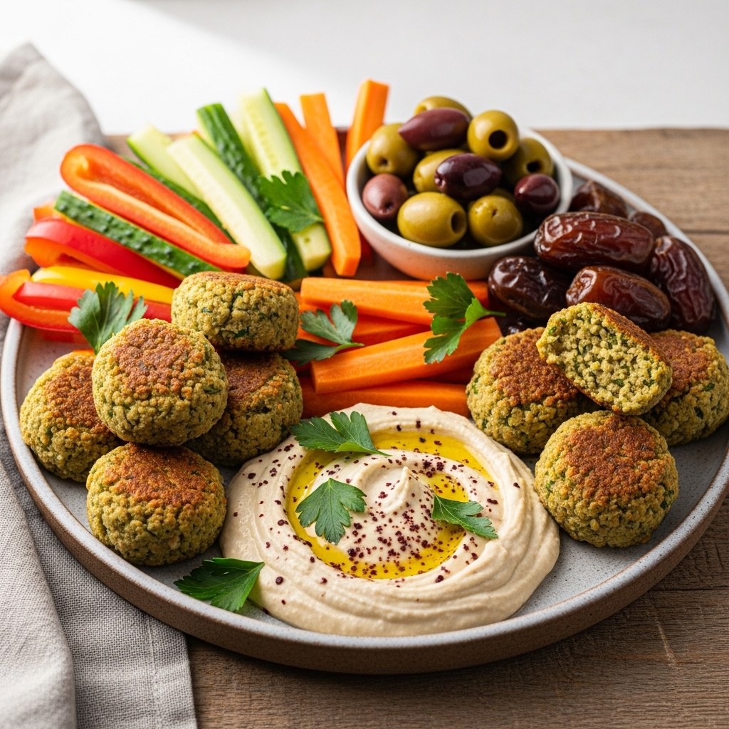 Paleo Israeli Snack Platter: Succulent Falafel Bites with Tahini Dip and Crisp Veggies
