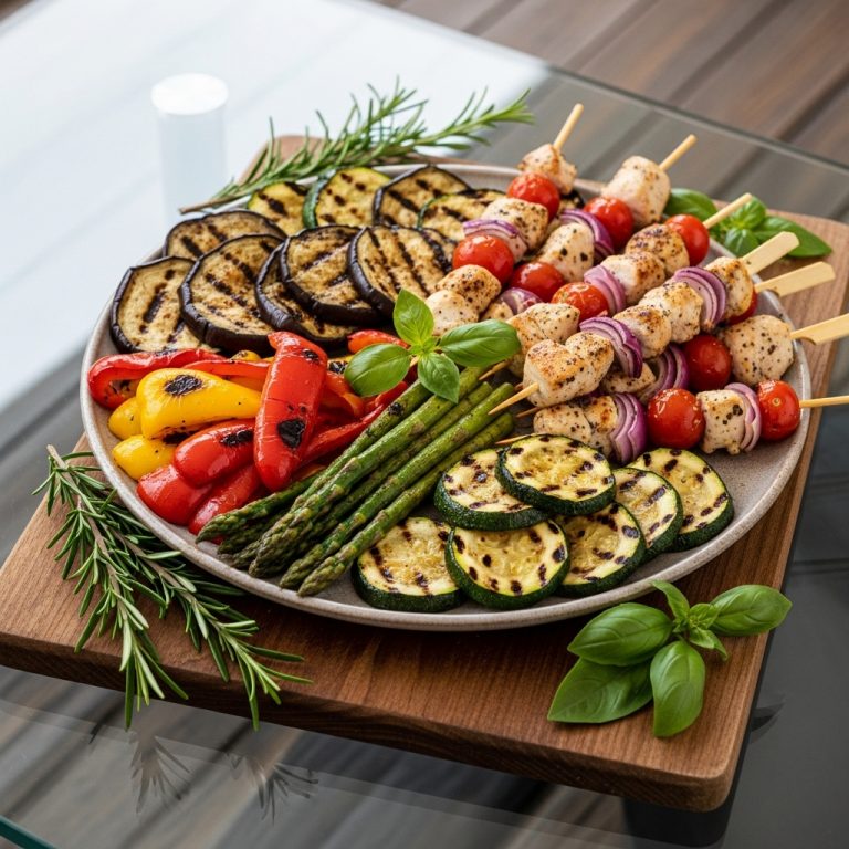 Paleo Italian Antipasto Platter with Grilled Vegetables and Chicken Skewers