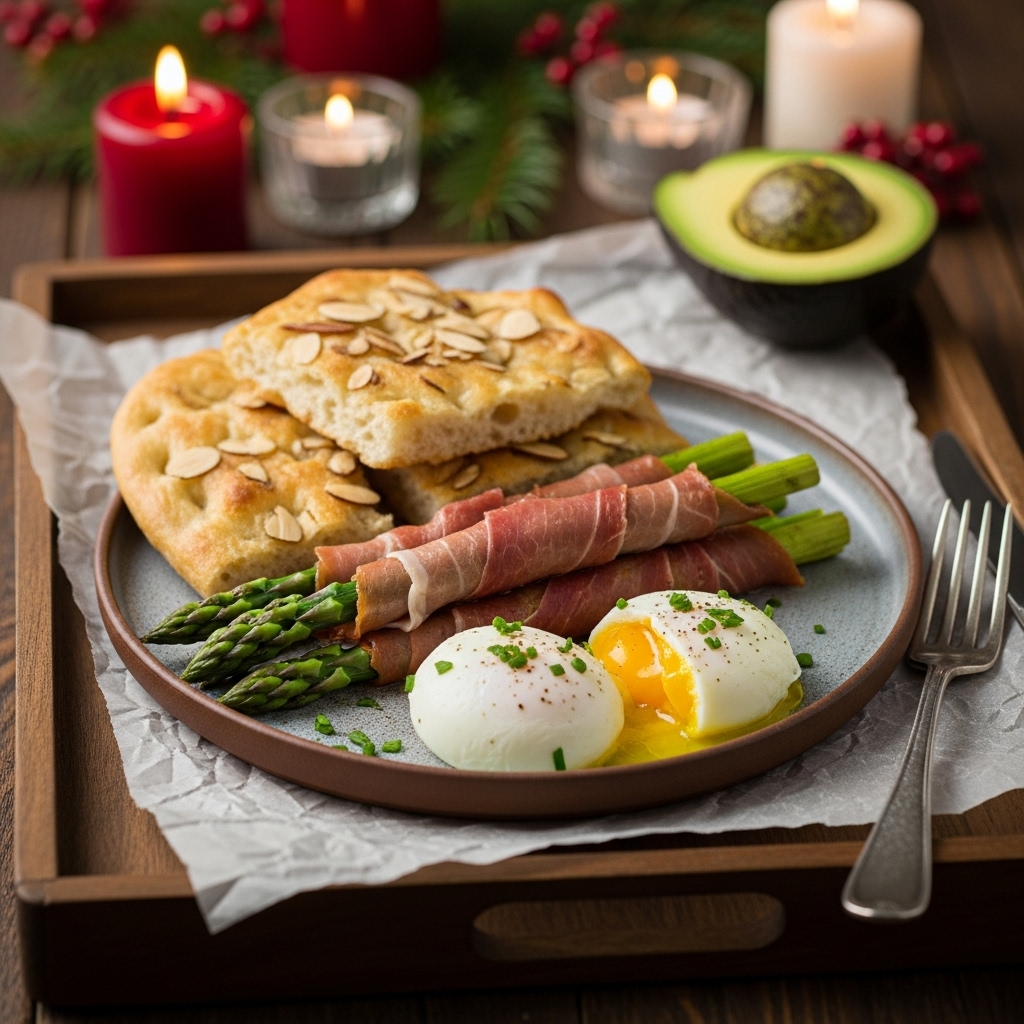“Paleo Italian Breakfast: Keto Almond Foccacia, Prosciutto Wrapped Asparagus & Herb Infused Avocado Oil Poached Eggs”