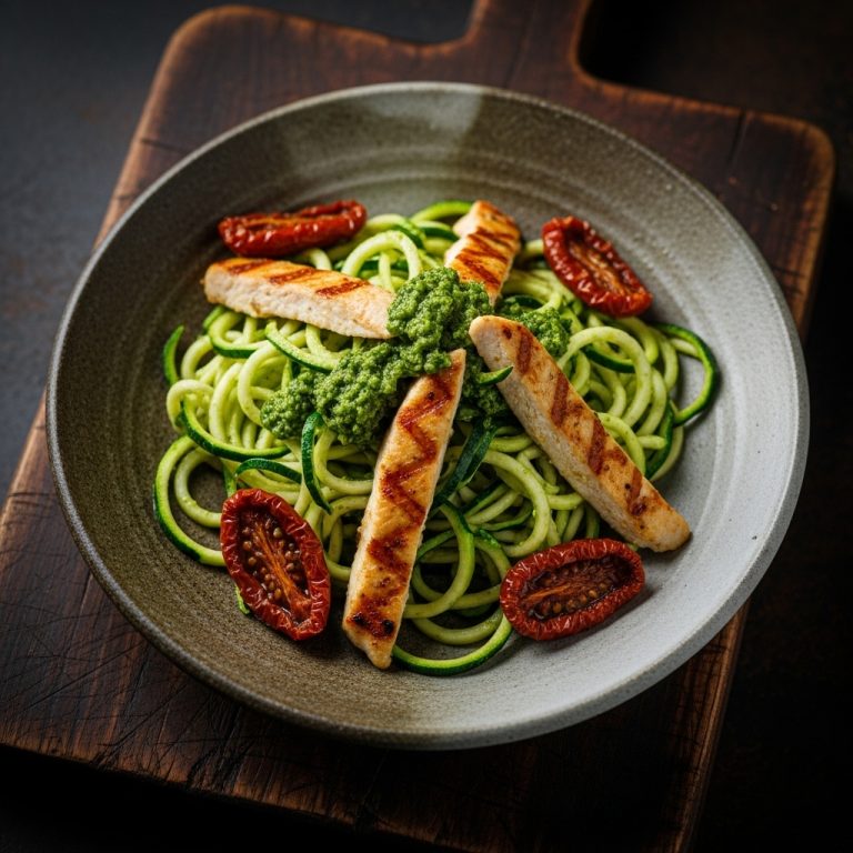 Paleo Italian Zucchini Noodle Pesto Spaghetti With Grilled Chicken and Sun-Dried Tomatoes