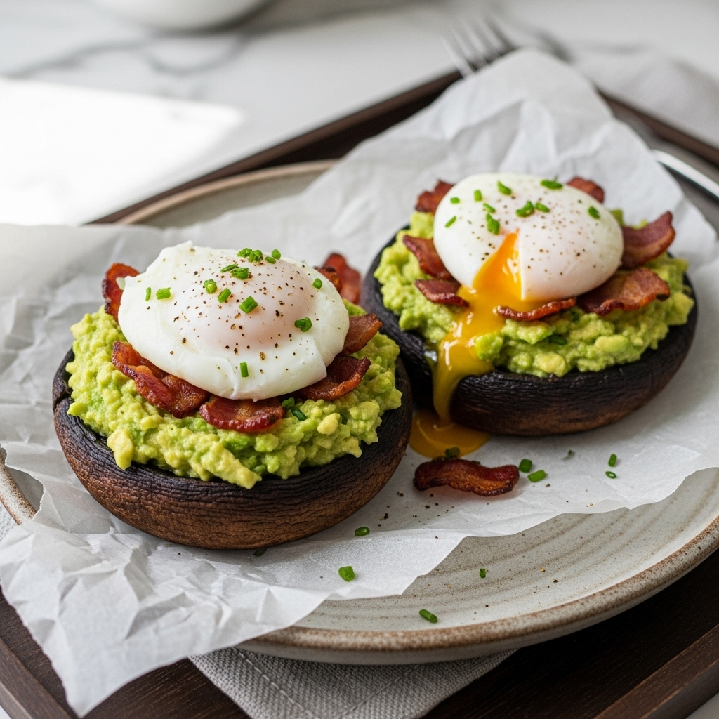 Paleo Keto Avocado Stuffed Portobello Mushrooms with Bacon and Poached Eggs