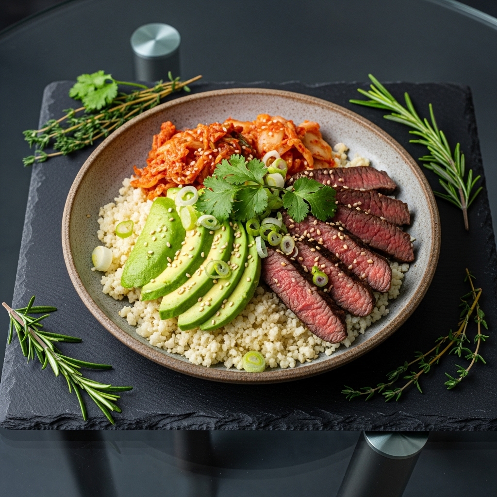 Paleo Korean BBQ Beef Breakfast Bowl with Kimchi and Avocado