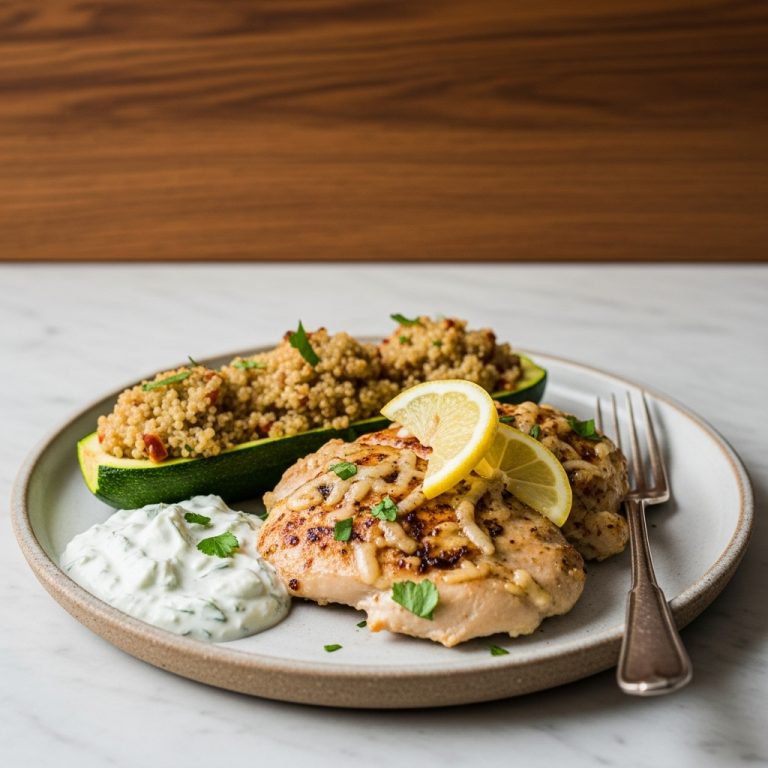 Paleo Lebanese Lemon Herb Chicken with Quinoa-Stuffed Zucchini Boats & Garlic Tzatziki Sauce – A Flavorful Dinner Experience