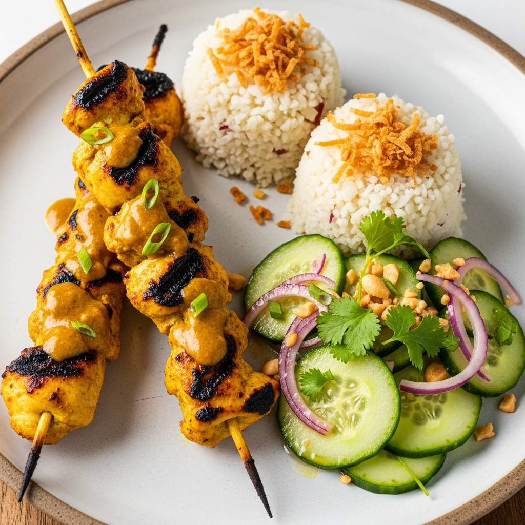 Paleo Malaysian Satay Chicken with Coconut Rice and Cucumber Salad
