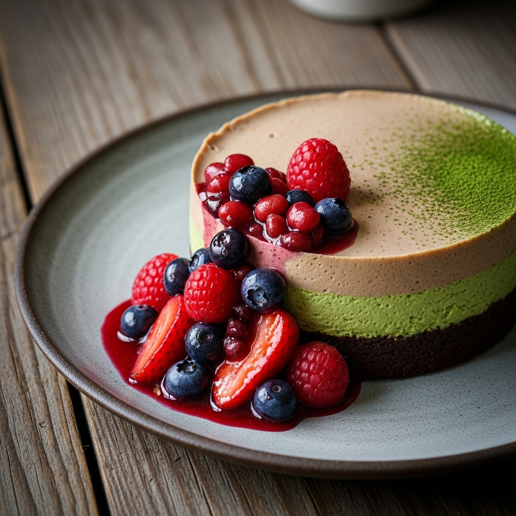 Paleo Matcha Azuki Bean Mousse Torte with Berry Compote