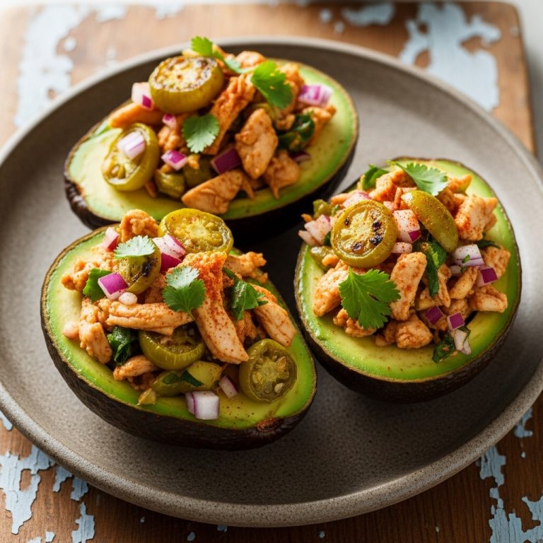 Paleo Mexican Stuffed Avocados with Spicy Chicken and Roasted Tomatillos