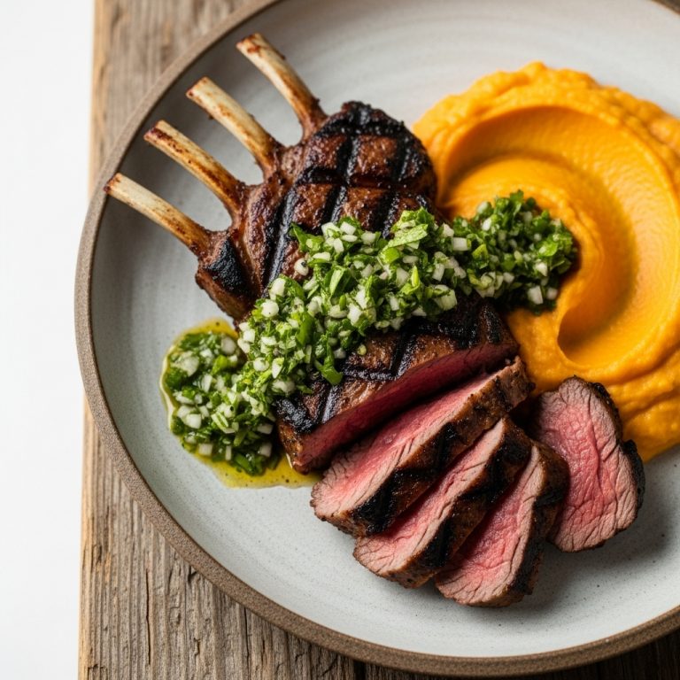 Paleo New Zealand Grilled Lamb Rack with Fresh Herb Salsa Verde and Sweet Potato Mash