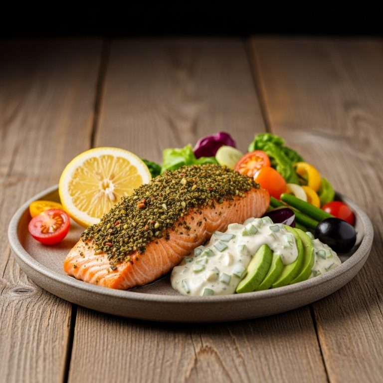 Paleo New Zealand Salmon Picnic Feast: Aromatic Herb-Crusted Grilled Salmon with Fresh Vegetable Medley and Creamy Lemon Garlic Avocado Dressing
