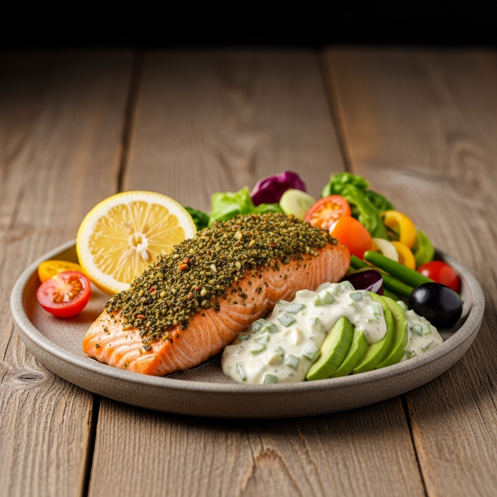 Paleo New Zealand Salmon Picnic Feast: Aromatic Herb-Crusted Grilled Salmon with Fresh Vegetable Medley and Creamy Lemon Garlic Avocado Dressing