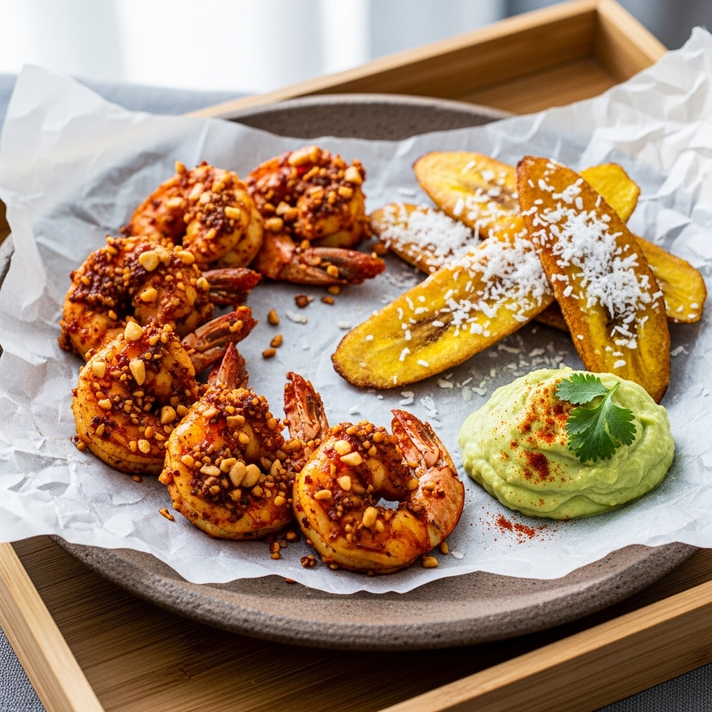 Paleo Nigerian Brunch: Suya Spiced Shrimp and Coconut Fried Plantains with Avocado Mousse