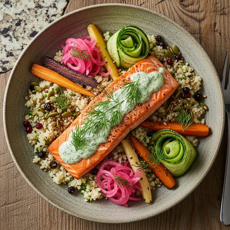 Paleo Nordic Salmon Bowl with Cauliflower Rice and Dill Sauce
