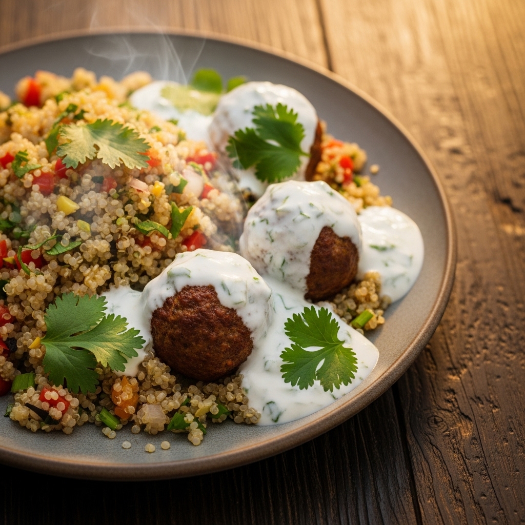 Paleo Pakistani Brunch: Aromatic Quinoa Pilaf with Spiced Lamb Meatballs & Cilantro Yogurt Sauce