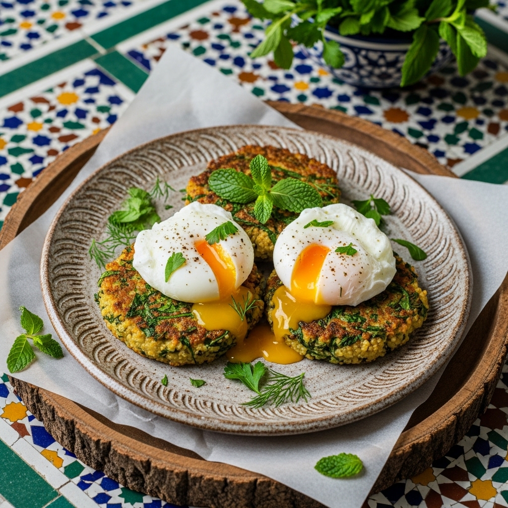 Paleo Persian Brunch: Aromatic Herb and Mint Quinoa Cakes with Poached Eggs