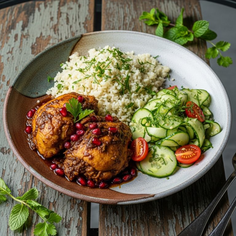 Paleo Persian Dinner: Chicken Khoresht Fesanjan with Herbed Cauliflower Rice and Cucumber Salad