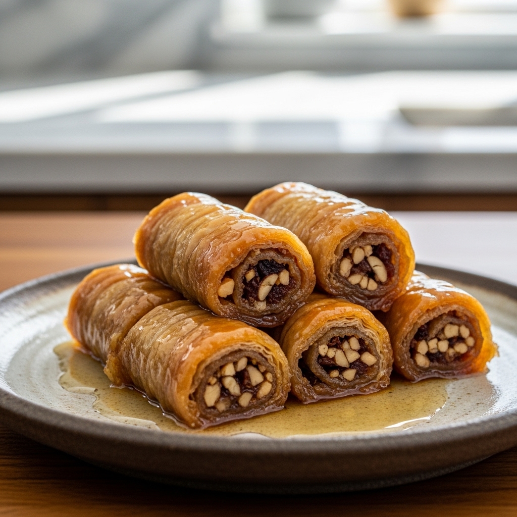 Paleo Persian Fruit and Nut Baklava Rolls with Honey-Cardamom Syrup