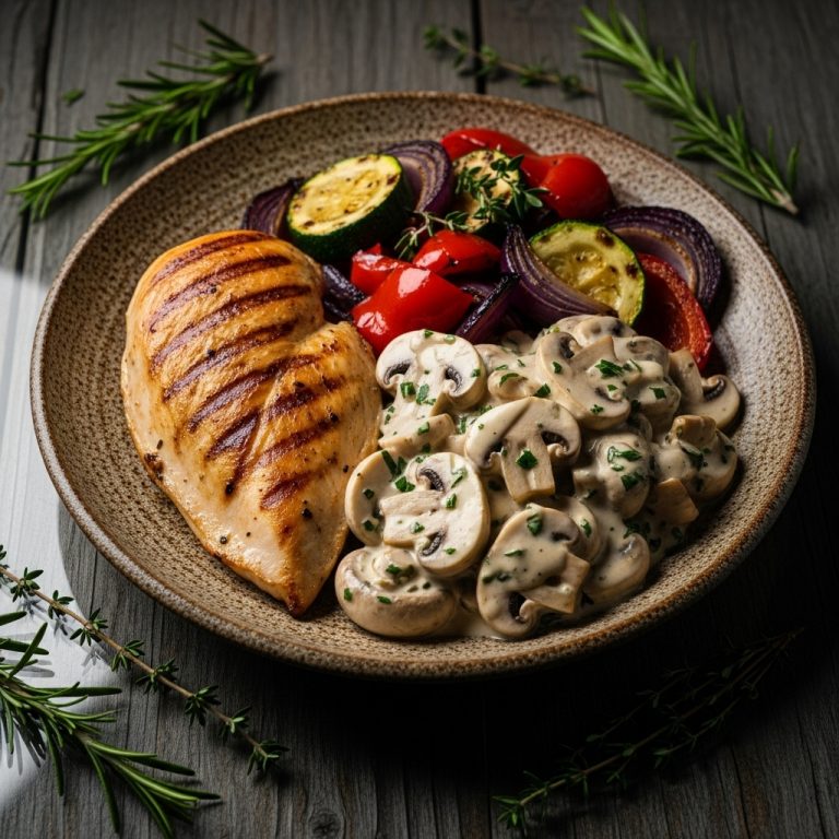 Paleo Polish Dinner: Grilled Chicken with Creamy Garlic Mushrooms & Roasted Vegetables