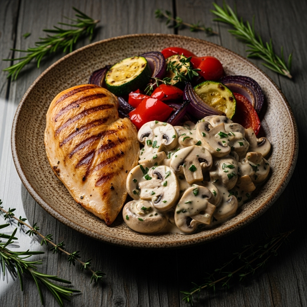 Paleo Polish Dinner: Grilled Chicken with Creamy Garlic Mushrooms & Roasted Vegetables