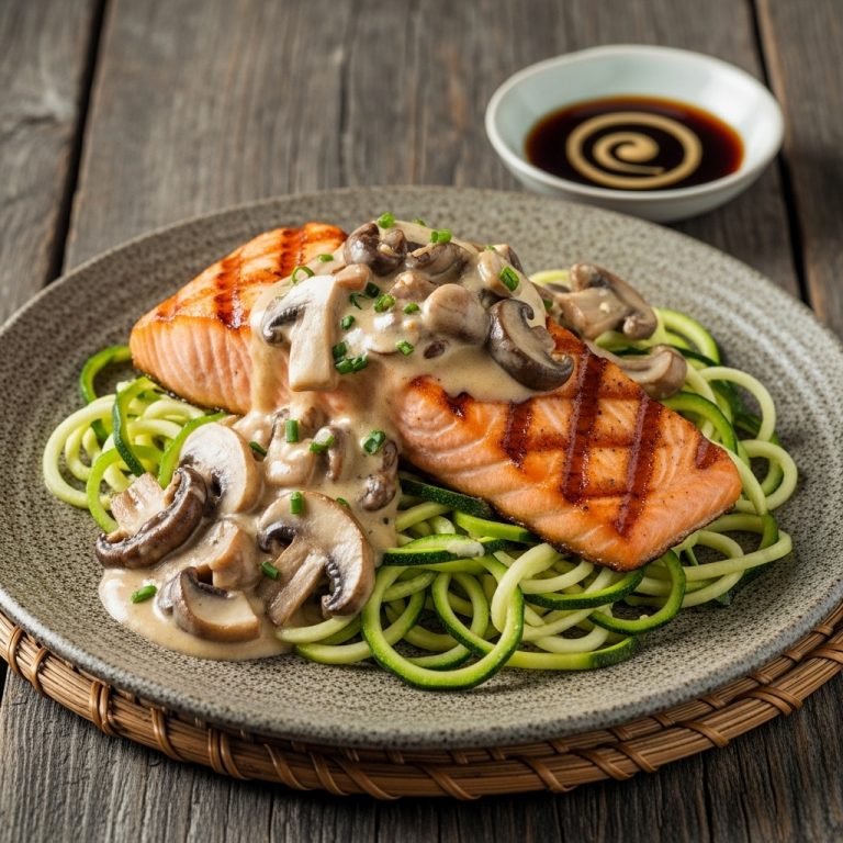 Paleo Polish Dinner: Grilled Wild Salmon with Zucchini Noodles & Creamy Mushroom Sauce