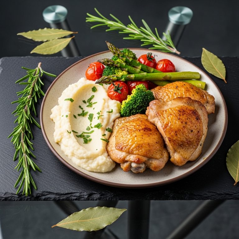 “Paleo Polish Dinner: Herb-Roasted Chicken Thighs with Creamy Cauliflower Mash and Roasted Vegetables”