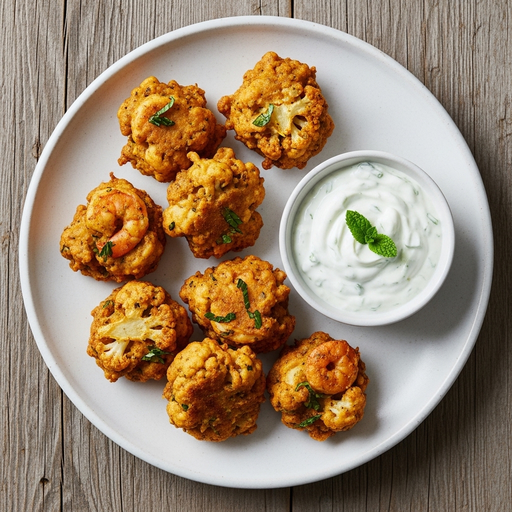 Paleo Prawn and Cauliflower Pakoras with Tangy Mint Yogurt Dipping Sauce