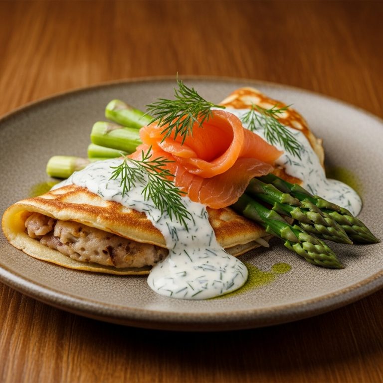 Paleo Russian Breakfast Feast: Keto-Friendly Bliny Crepes with Smoked Salmon, Creamy Dill Sauce & Asparagus