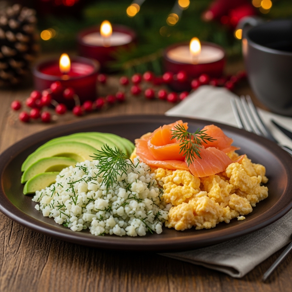 Paleo Russian Breakfast: Keto-Friendly Smoked Salmon Scramble with Dill-Infused Cauliflower Rice & Avocado Slices