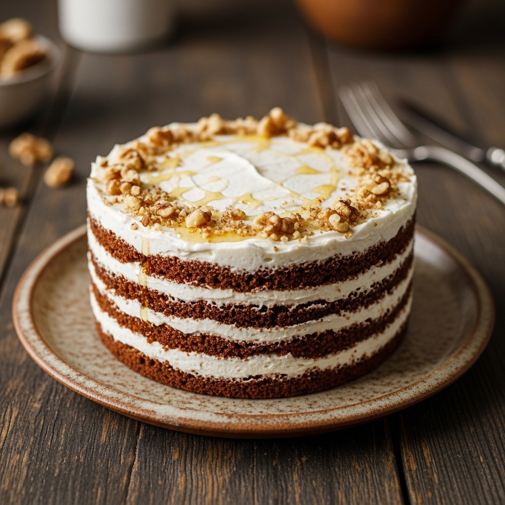 Paleo Russian Honey-Infused Walnut Torte with Coconut Cream