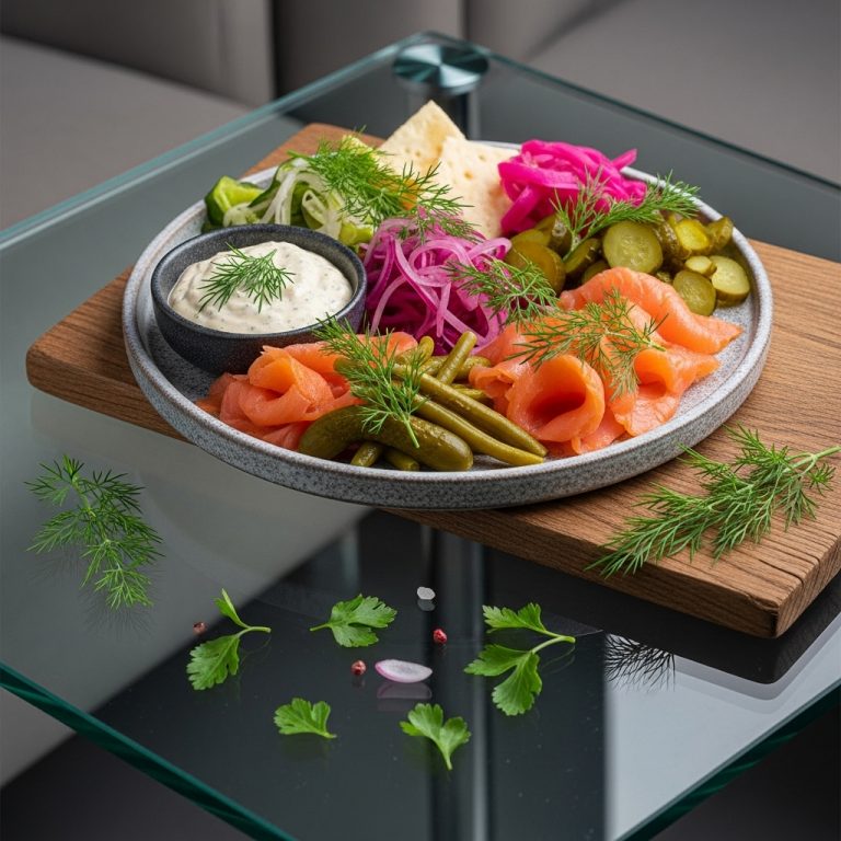 Paleo Russian Snack Platter with Smoked Salmon, Pickles, and Dill Mustard Sauce
