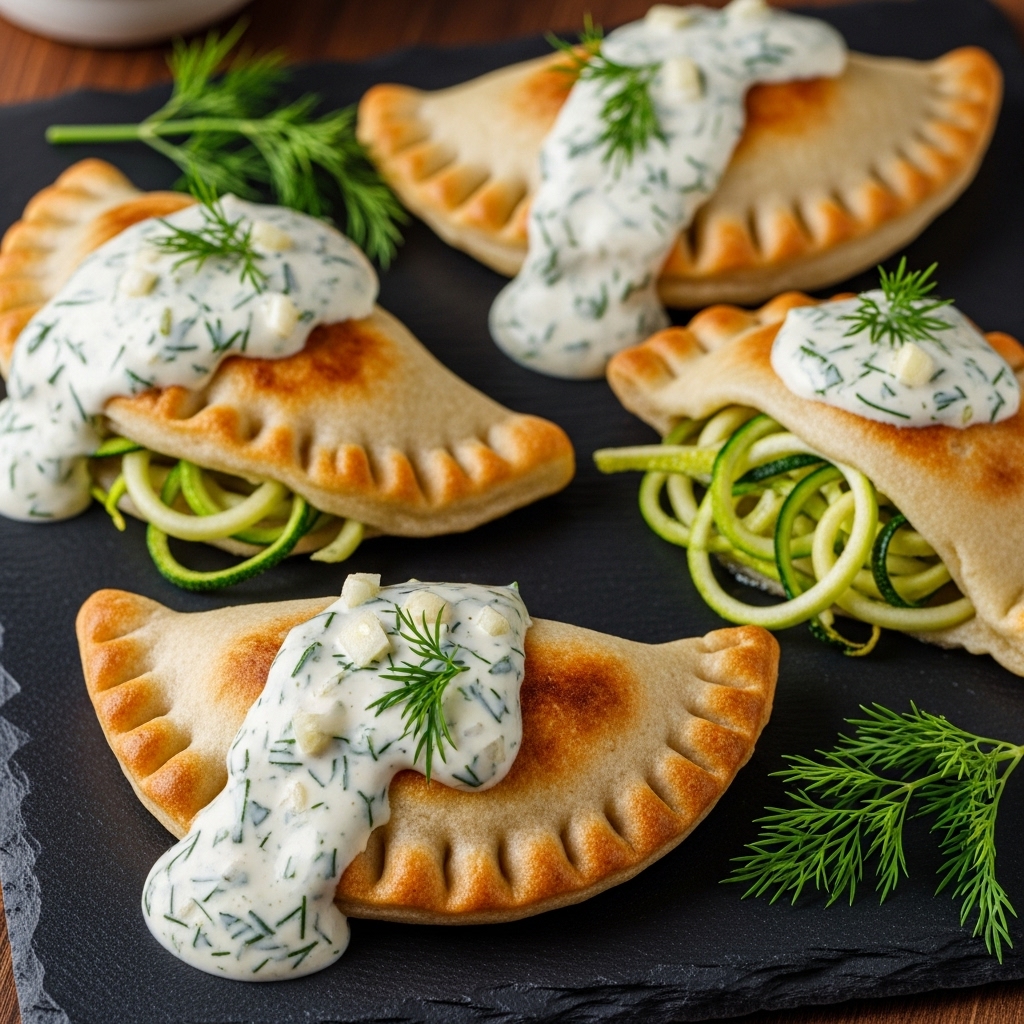 Paleo Russian Zucchini Noodle Piroshki with Garlic Dill Sauce