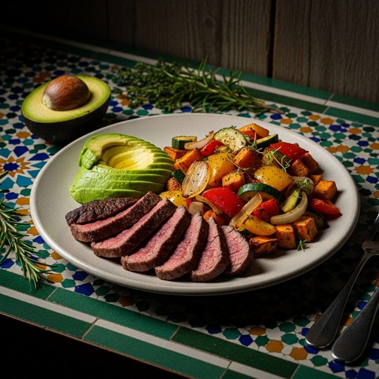 Paleo South African Breakfast Feast: Savory Ostrich Steak, Creamy Avocado & Roasted Veggie Hash