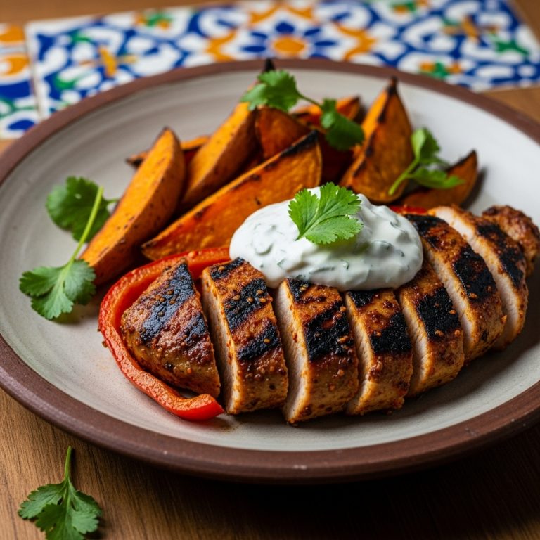 Paleo Tex-Mex Chicken Fajitas with Cilantro-Lime Crema and Roasted Sweet Potato Wedges
