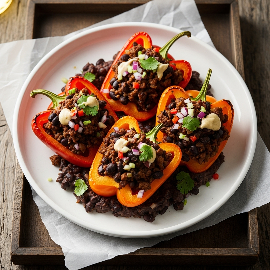 Paleo Tex-Mex Stuffed Bell Peppers with Smoky Black Bean Mash