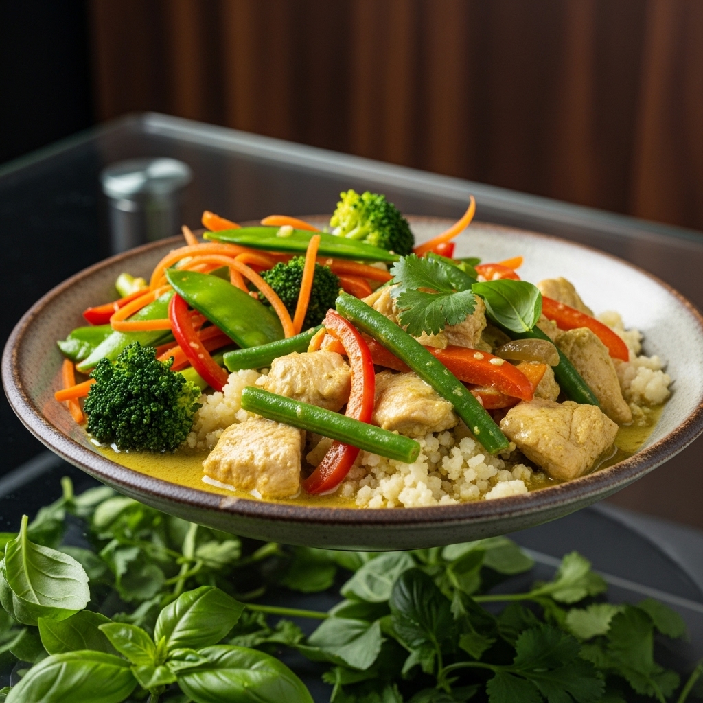 Paleo Thai Chicken Curry with Cauliflower Rice and Stir-Fried Vegetables
