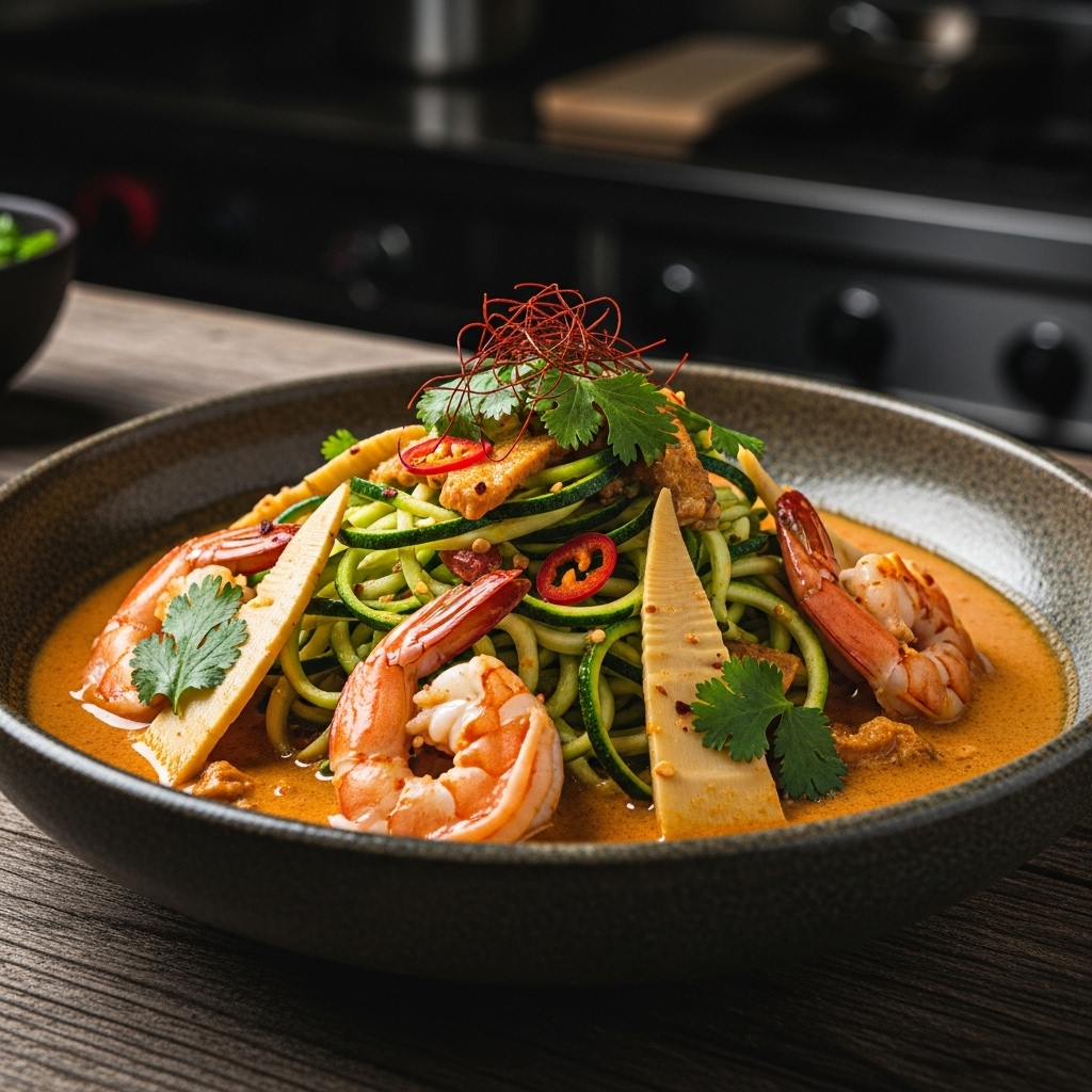 Paleo Thai Coconut Shrimp Curry with Zucchini Noodles & Bamboo Shoots