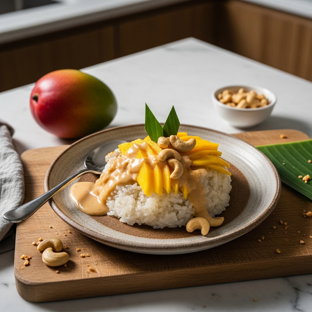 Paleo Thai Coconut Sticky Rice Pudding with Mango & Cashew Cream