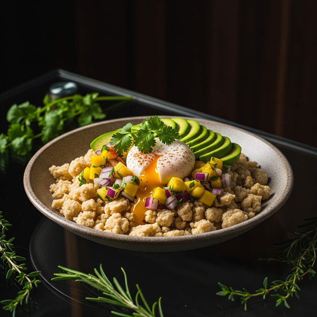 Paleo Venezuelan Arepa Breakfast Bowl with Tropical Salsa and Avocado