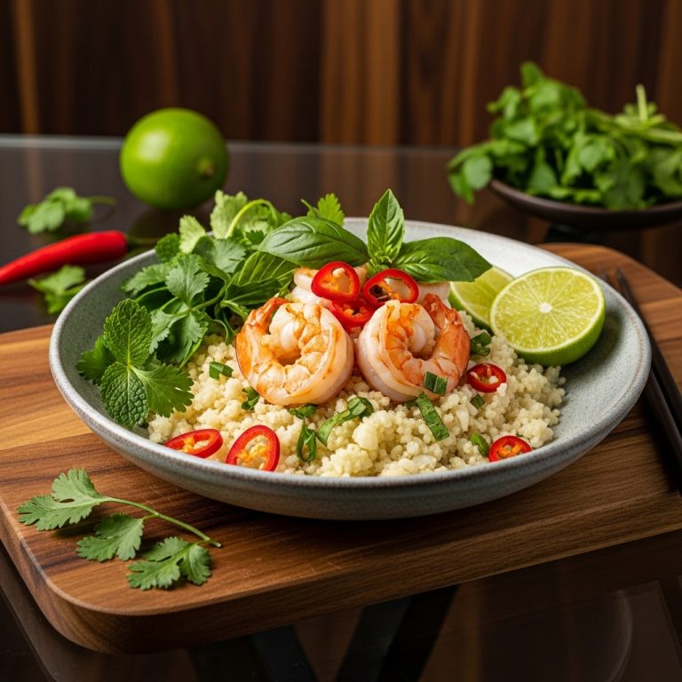 Paleo Vietnamese Brunch Delight: Shrimp & Cauliflower Rice Bowl with Fresh Herbs
