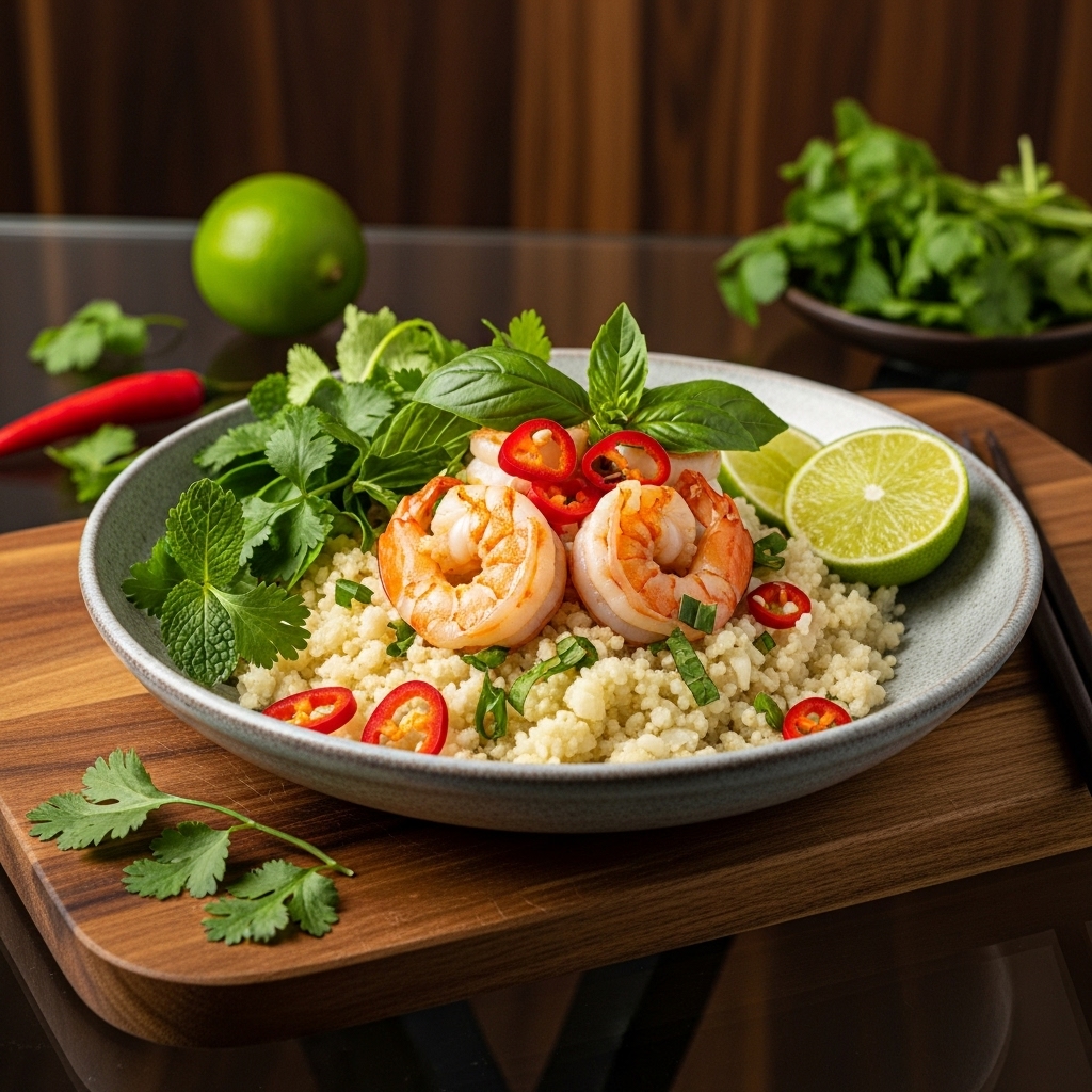 Paleo Vietnamese Brunch Delight: Shrimp & Cauliflower Rice Bowl with Fresh Herbs