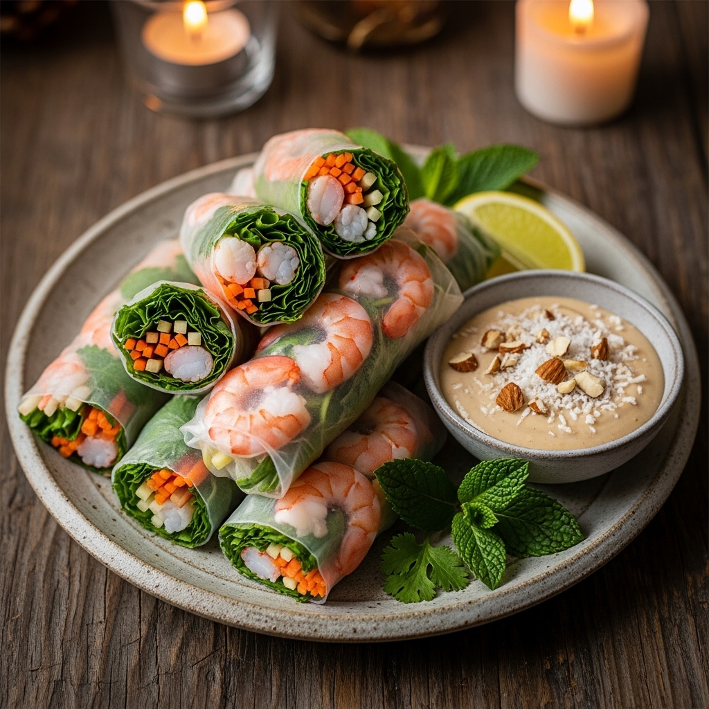 Paleo Vietnamese Shrimp Spring Rolls with Almond-Coconut Dipping Sauce