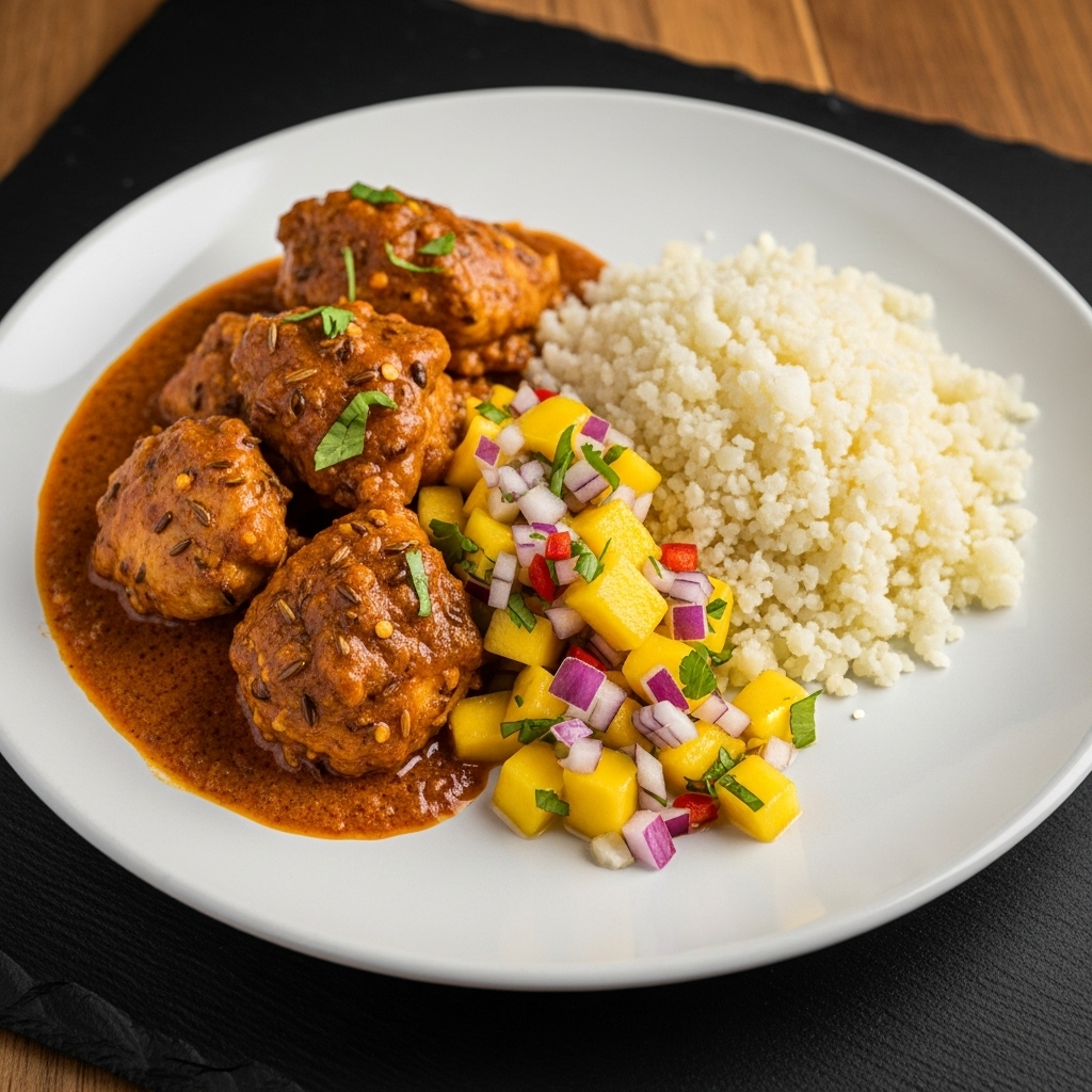 Paleo-friendly Indian Spiced Chicken Curry with Cauliflower Rice and Mango Salsa