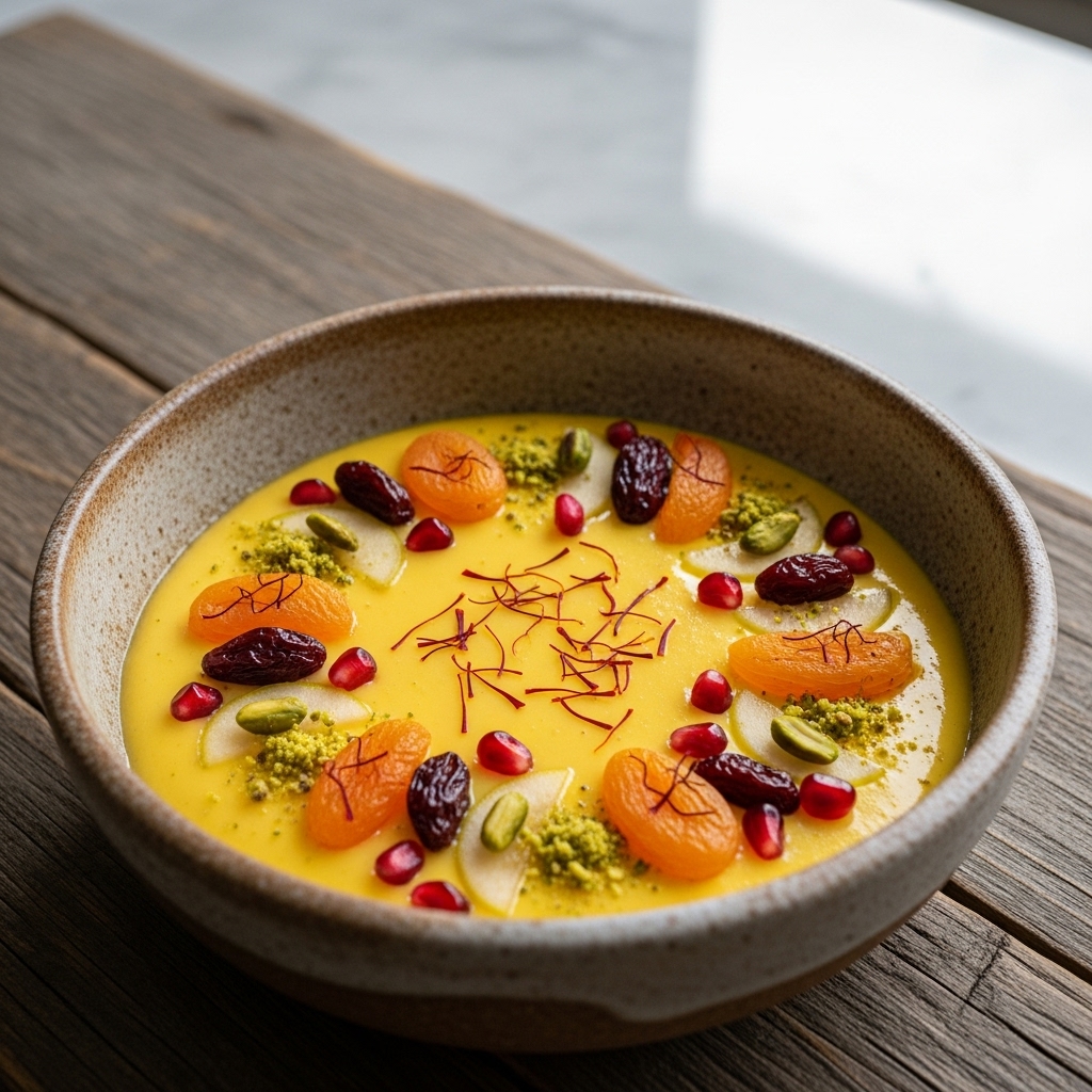 Persian Delight: Gluten-Free Fruit Saffron Custard (Sholeh Zard)