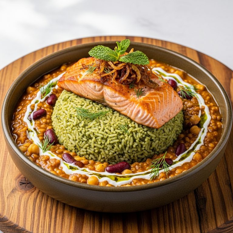Persian Herb Rice Bowl with Grilled Salmon (Ash-e-Reshteh-Style)