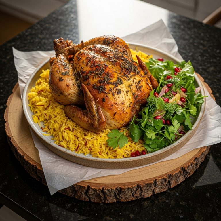 Persian-Inspired Herb & Spice Roasted Chicken with Saffron Rice Pilaf & Fresh Herb Salad
