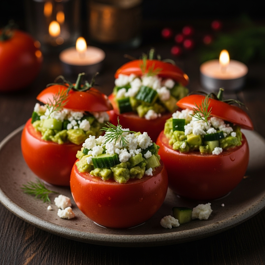 Persian Keto Breakfast Delight: Cucumber & Avocado Stuffed Tomatoes with Feta Cheese