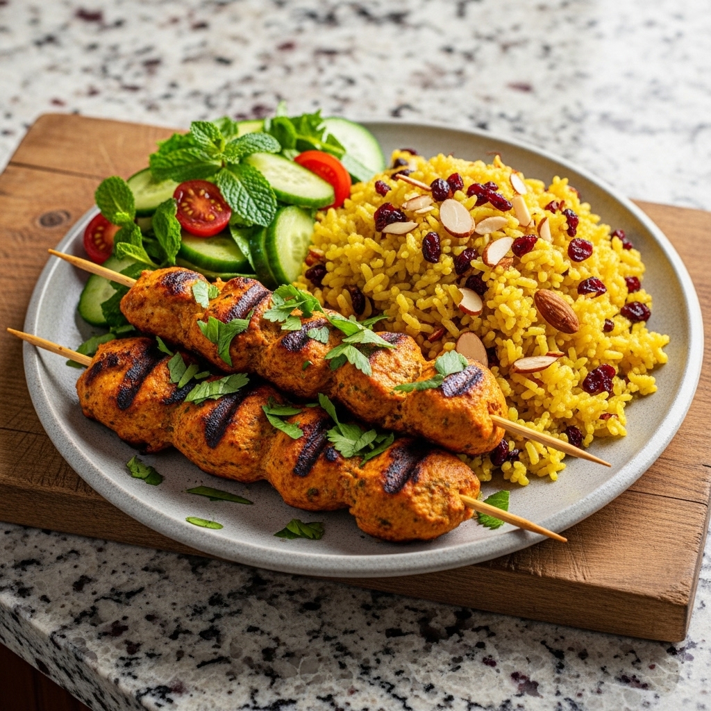 Persian Paleo Lunch: Herbed Chicken Kebabs with Saffron-Infused Rice and Fresh Mint Salad