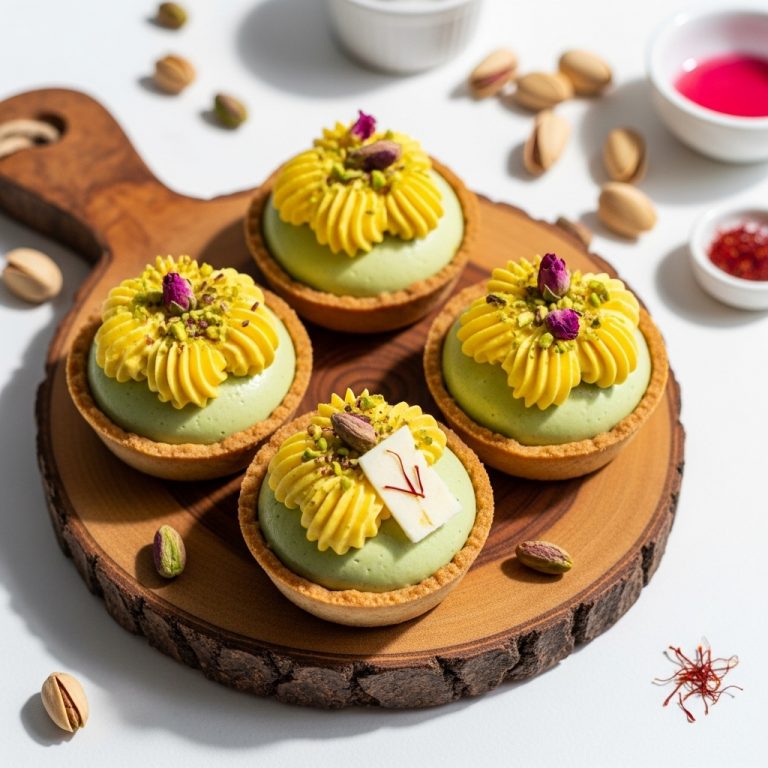 Persian Rosewater Pistachio Mousse Tarts with Saffron Cream Topping