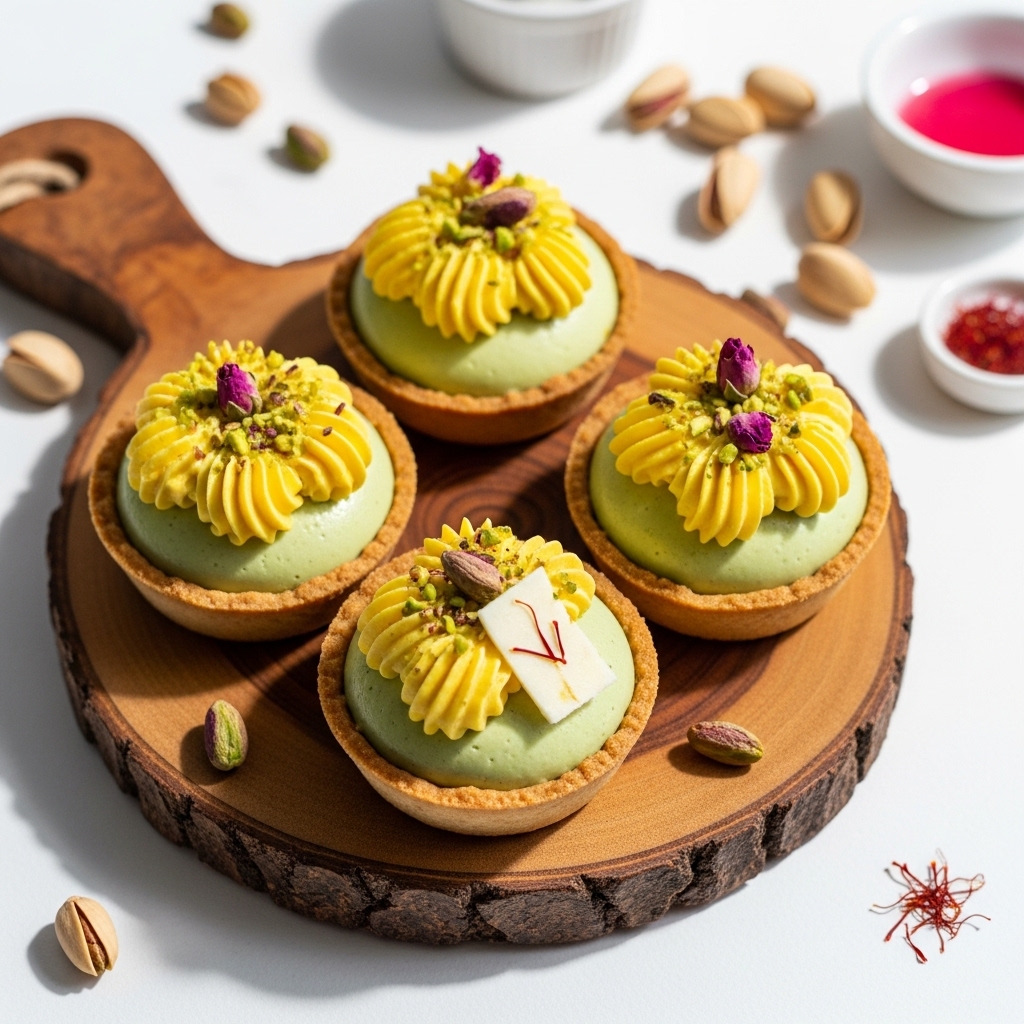 Persian Rosewater Pistachio Mousse Tarts with Saffron Cream Topping