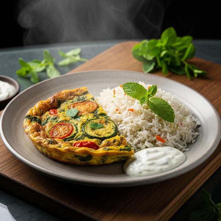Persian Vegetarian Breakfast Delight: Herbed Veggie Frittata with Persian Rice Pilaf and Mint Yogurt Sauce