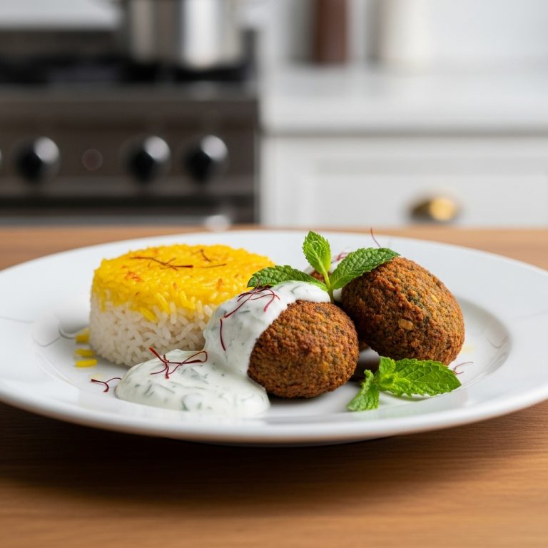 Persian Vegetarian Brunch Delight: Herb-Stuffed Falafel with Mint Yogurt Sauce and Saffron-Infused Rice Cakes